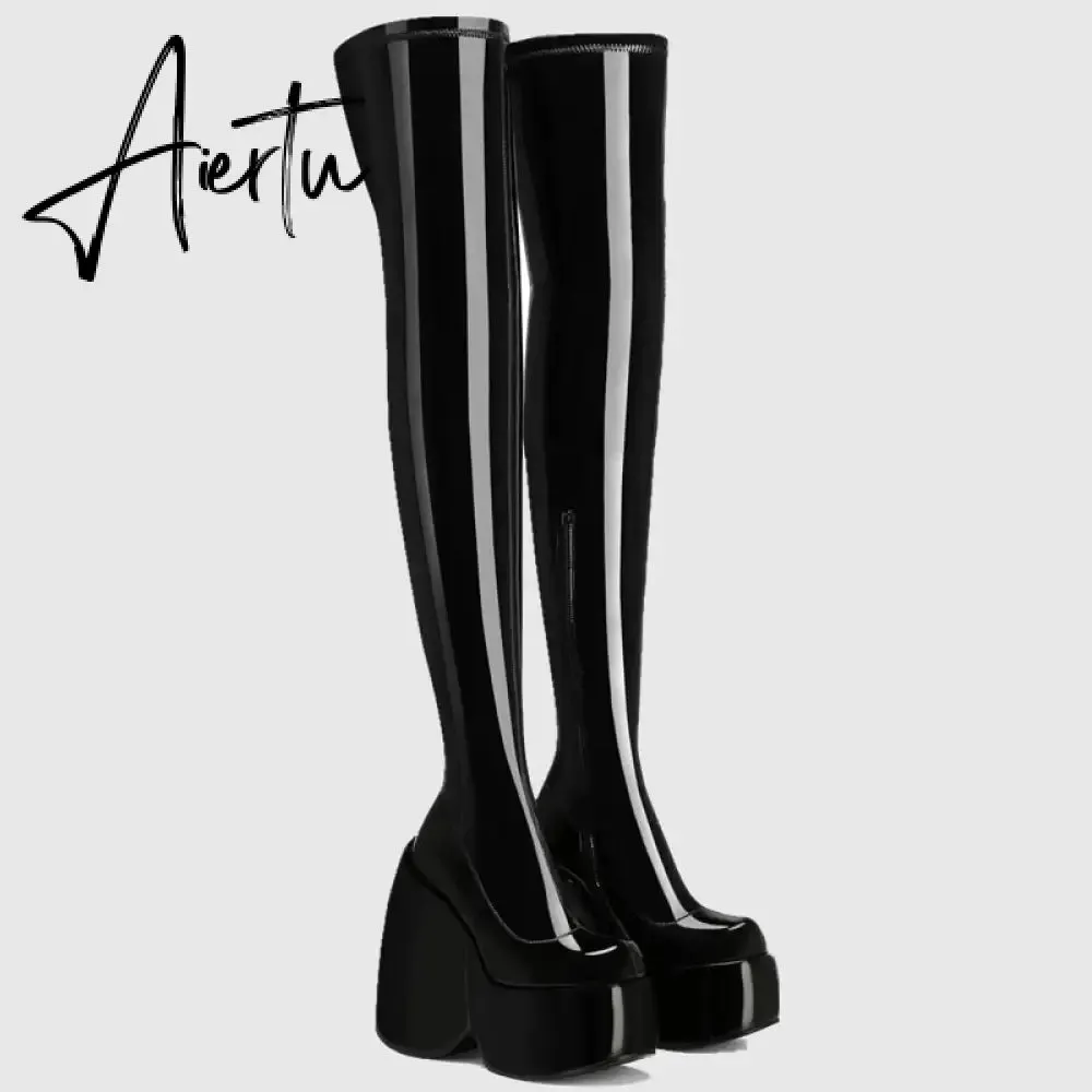 Spring autumn Women Over The Knee High Boots Pointed Toe wedges Heels slip on platform white Thigh High Boots