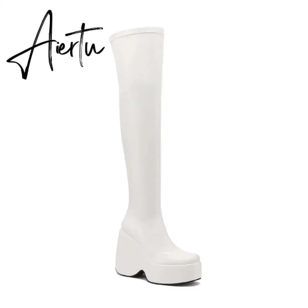 Spring autumn Women Over The Knee High Boots Pointed Toe wedges Heels slip on platform white Thigh High Boots