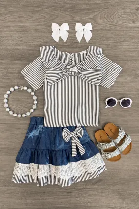 Stripes & Ruffle Lace Skirt Set