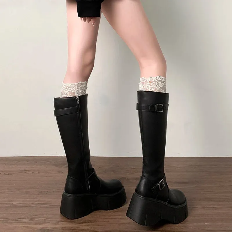 TAVIMART  -  Platform Wedges Heel Women Knee High Boots Fashion Belt Buckle Slip On Long Booties Autumn Winter Female Shoes