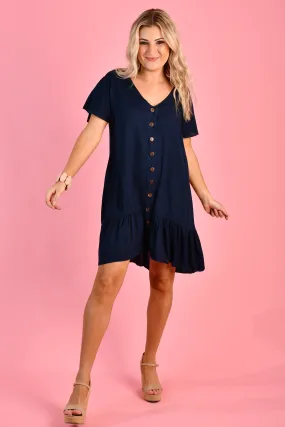 VGLD219 - CAP SLEEVE BUTTON DRESS - NAVY