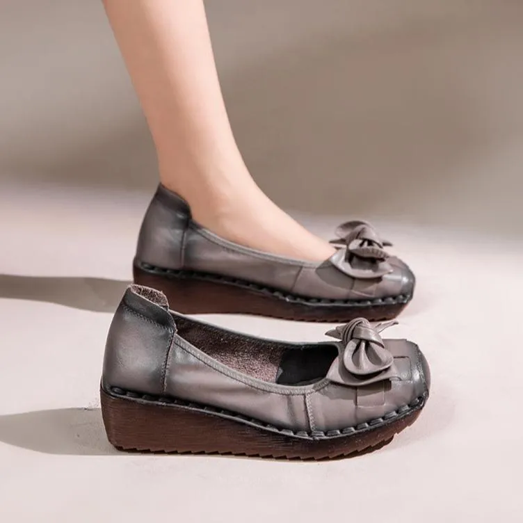 Wedges Vintage Leather Soft Sole Slip Bowknot Women's Shoes