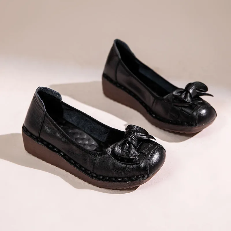 Wedges Vintage Leather Soft Sole Slip Bowknot Women's Shoes