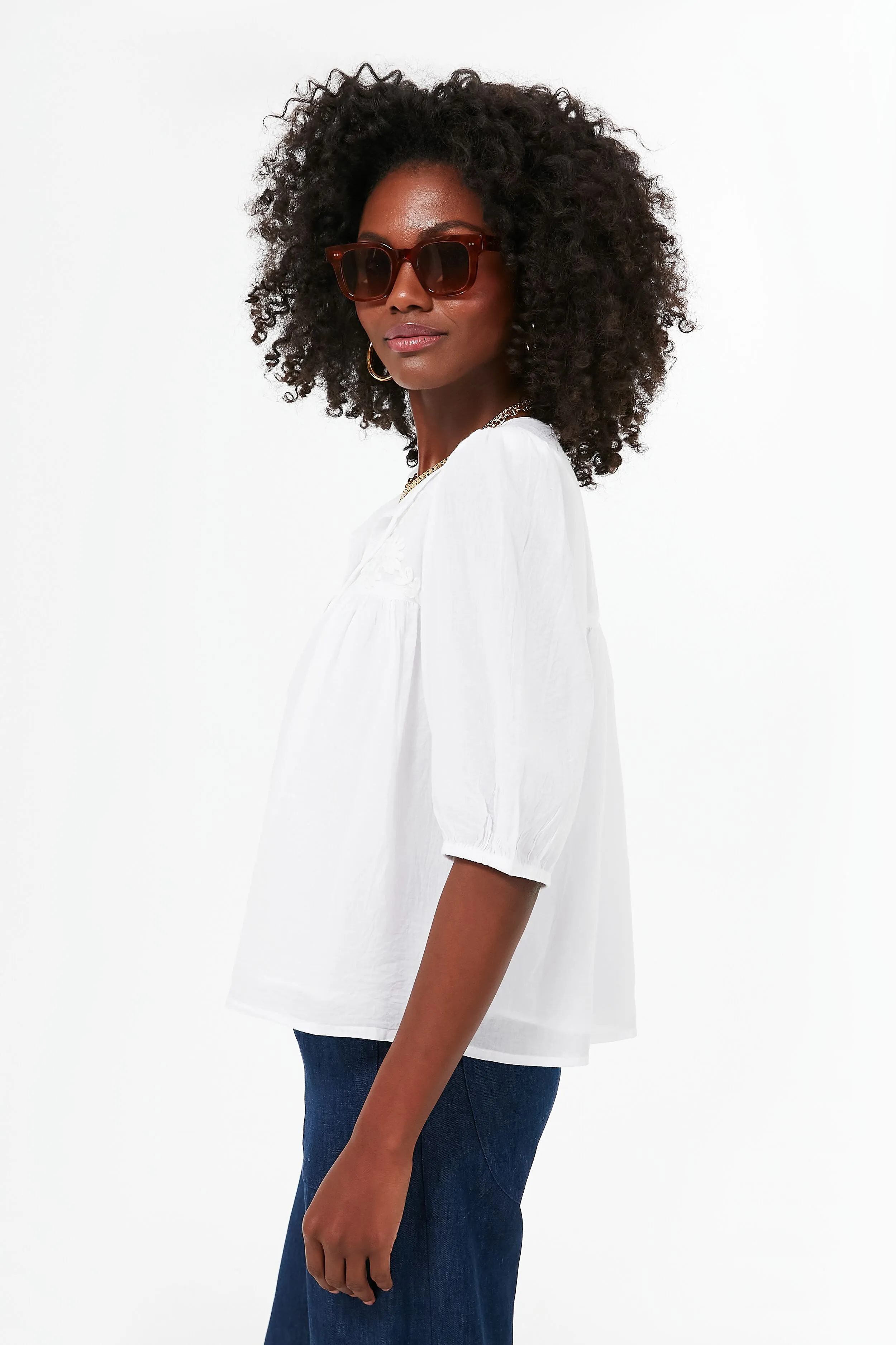 White Embroidered Puff Isla Top