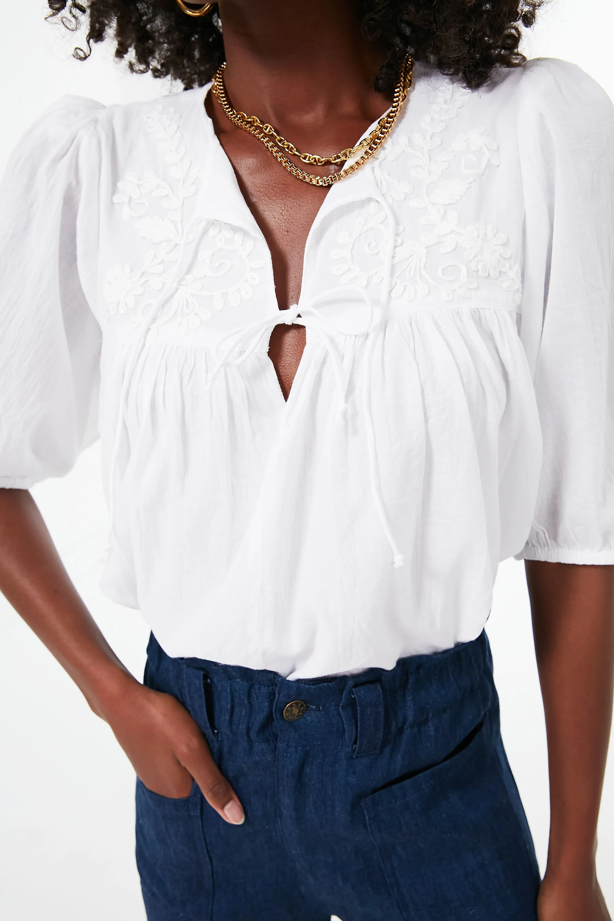 White Embroidered Puff Isla Top