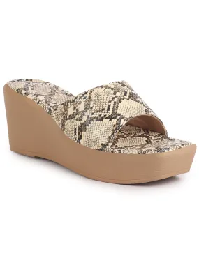 Women Beige Textured Print Platform Slip On Sandal With Cushioned Footbed|Height Enhancer Sandal For Broad Feet|Festive|Wedding