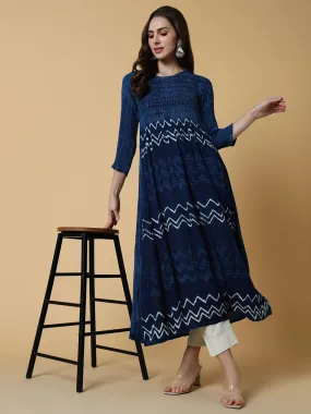 Women Navy Blue Graphic Anarkali Kurta