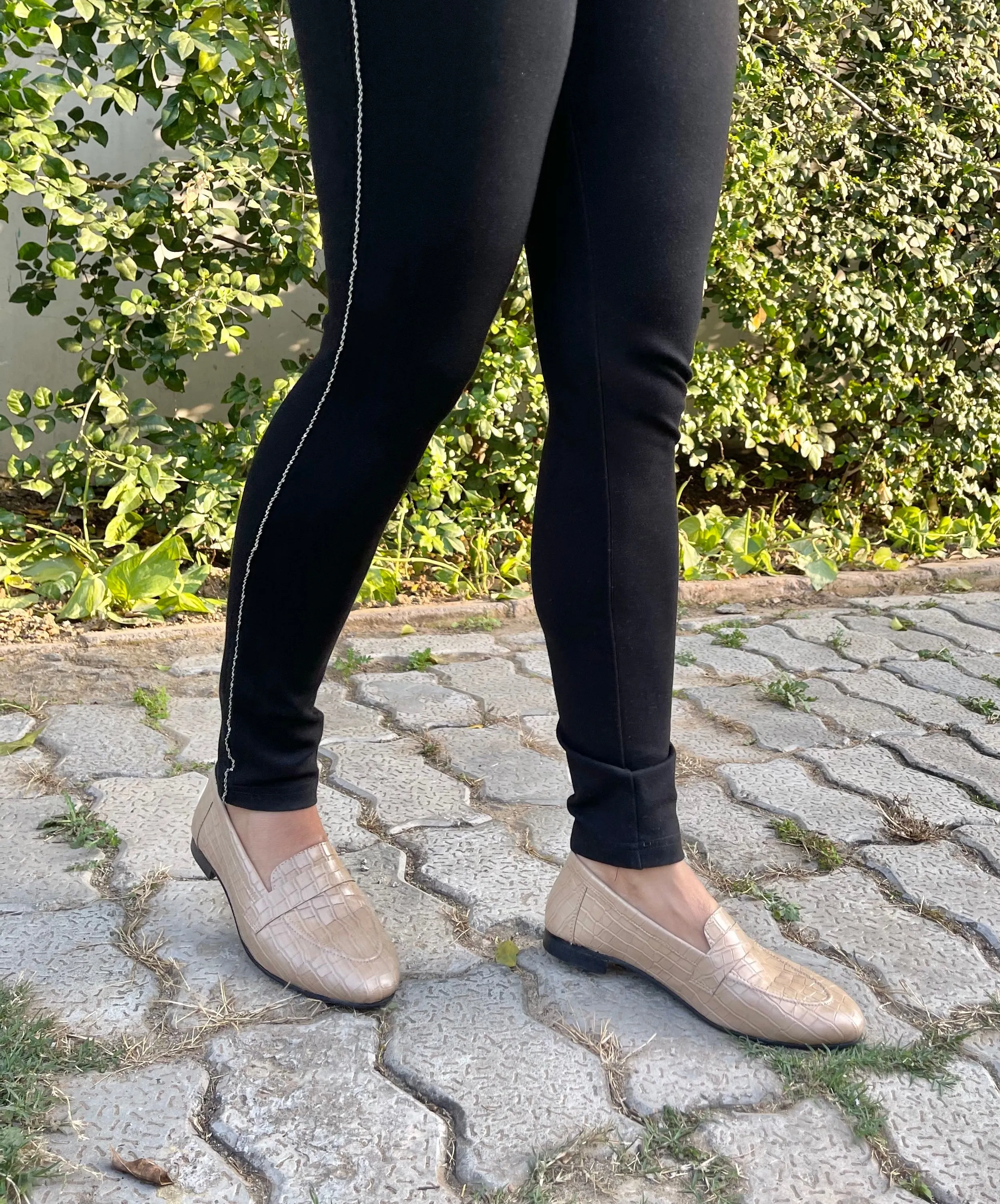 Women Nude Croc Patterned Loafers