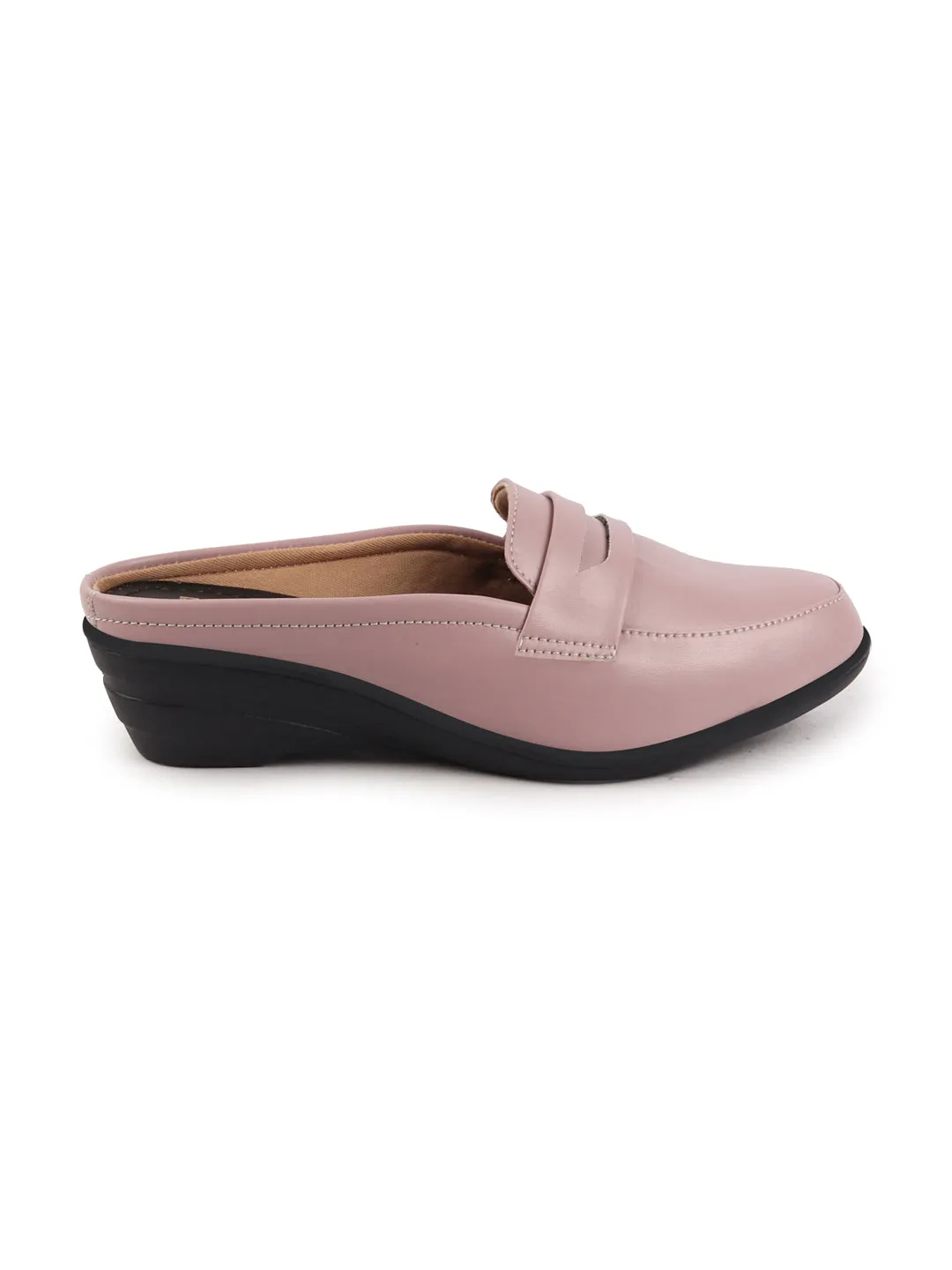 Women Peach Formal Back Open Platform Wedge Heel Slip On Loafer Shoes