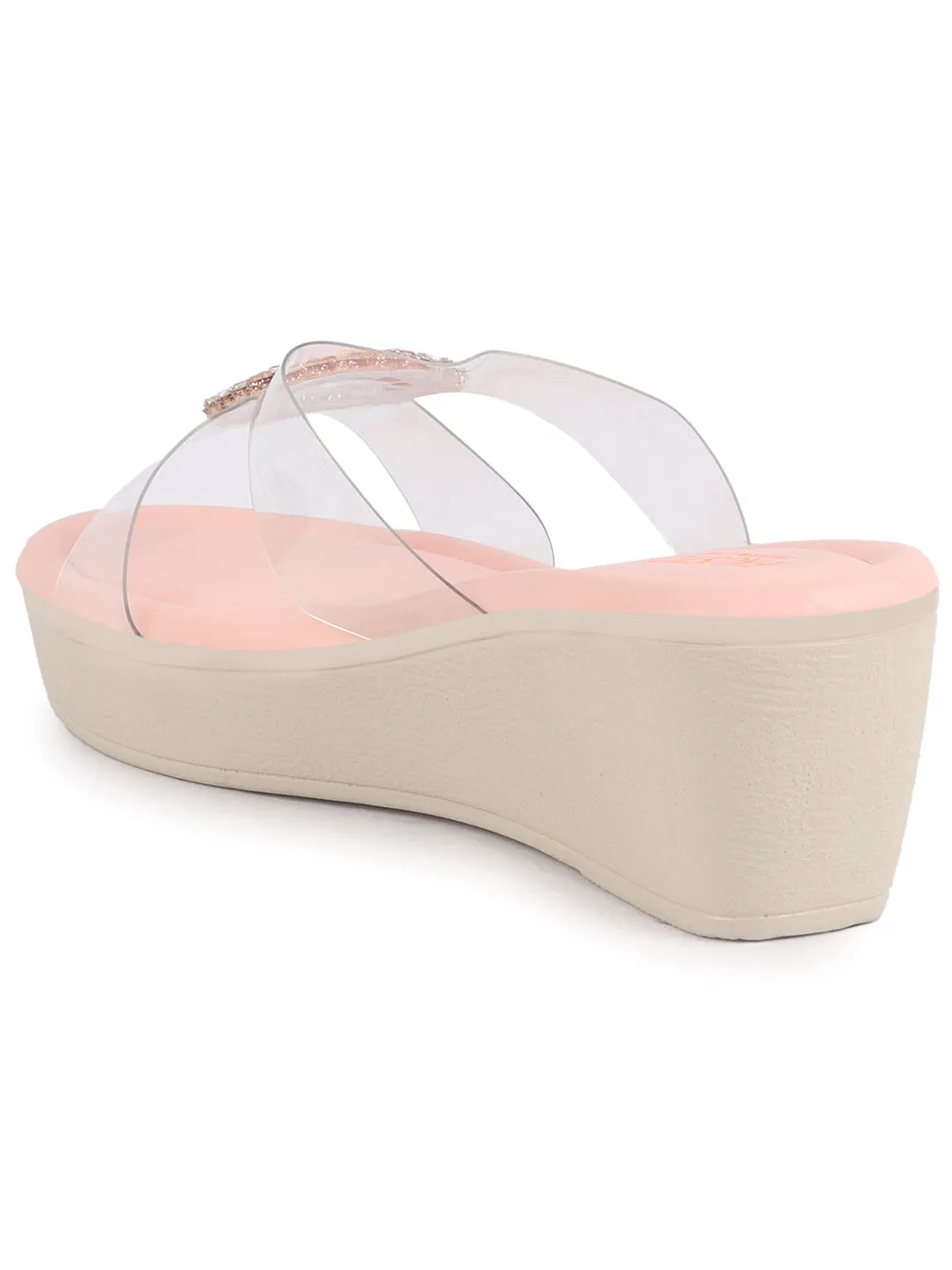 Women Pink Open Toe Transparent Strap with Ring Buckle Height Enhancer Slip On Wedges|Sandals for Work|Office Wear