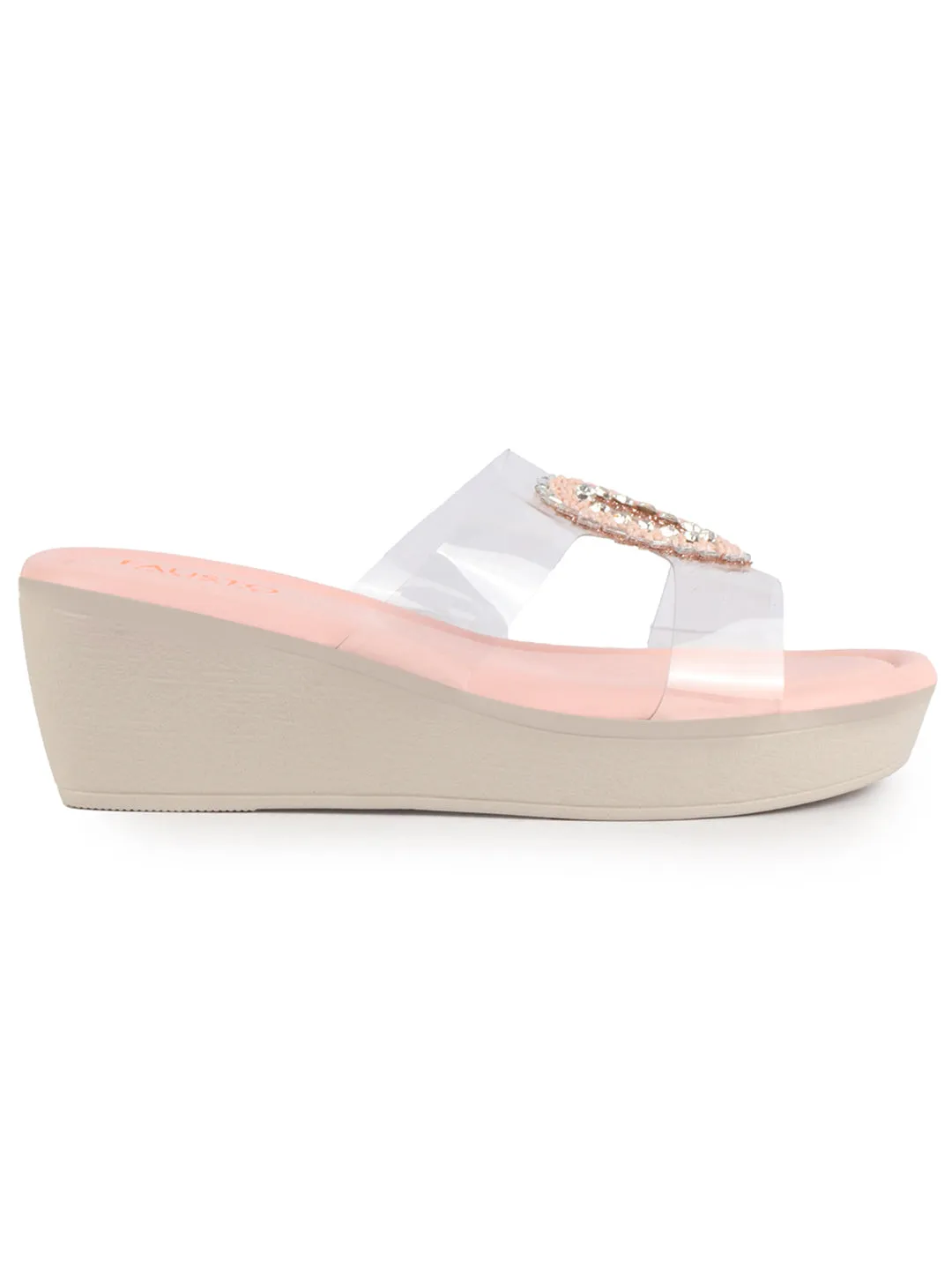 Women Pink Open Toe Transparent Strap with Ring Buckle Height Enhancer Slip On Wedges|Sandals for Work|Office Wear