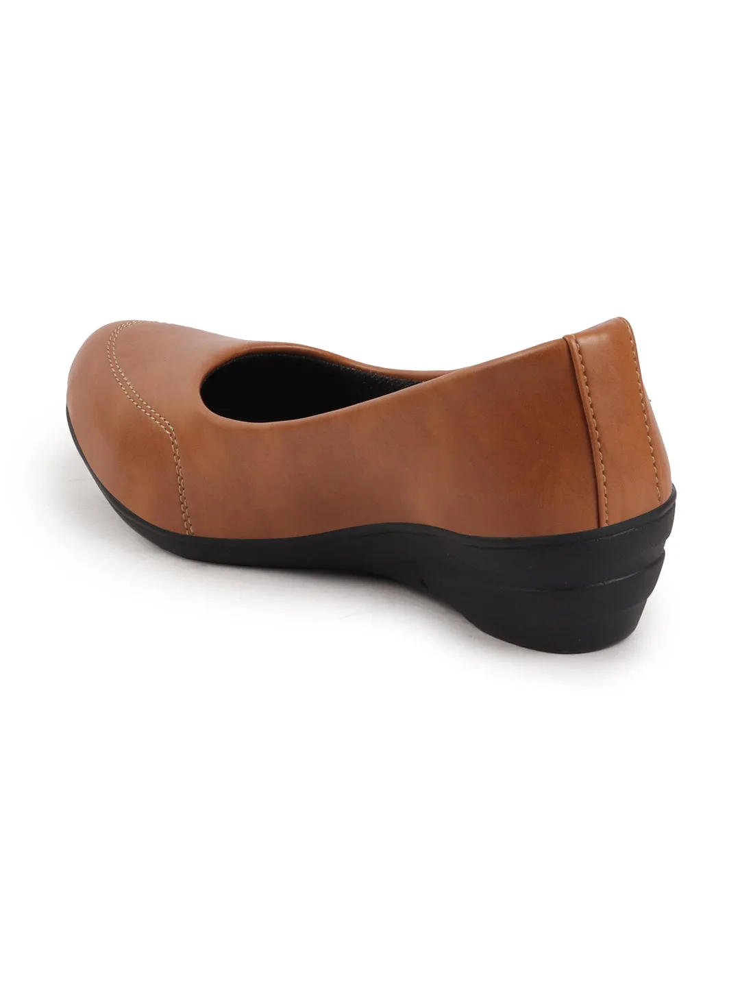 Women Tan Formal Platform Wedge Heel Slip On Ballerina Shoes