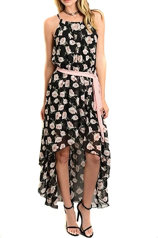 Womens Floral Blush High Low Sheer Royal Maxi Dress