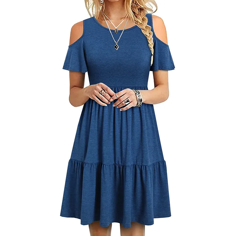 Women's Off Shoulder Short Sleeve Ruffle Pleated Casual Dress