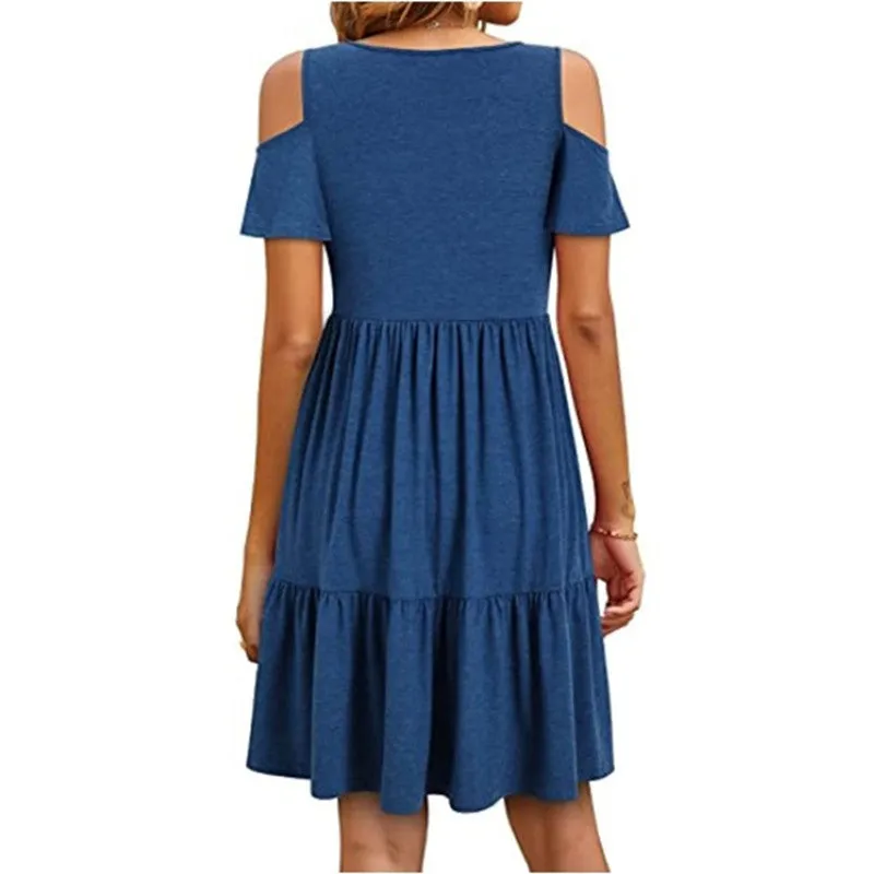 Women's Off Shoulder Short Sleeve Ruffle Pleated Casual Dress