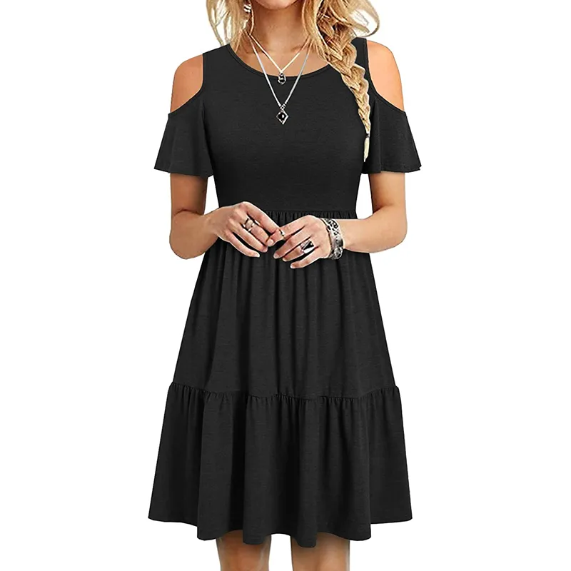 Women's Off Shoulder Short Sleeve Ruffle Pleated Casual Dress