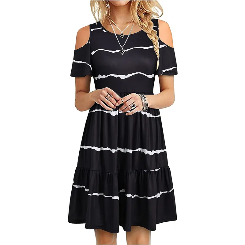 Women's Off Shoulder Short Sleeve Ruffle Pleated Casual Dress