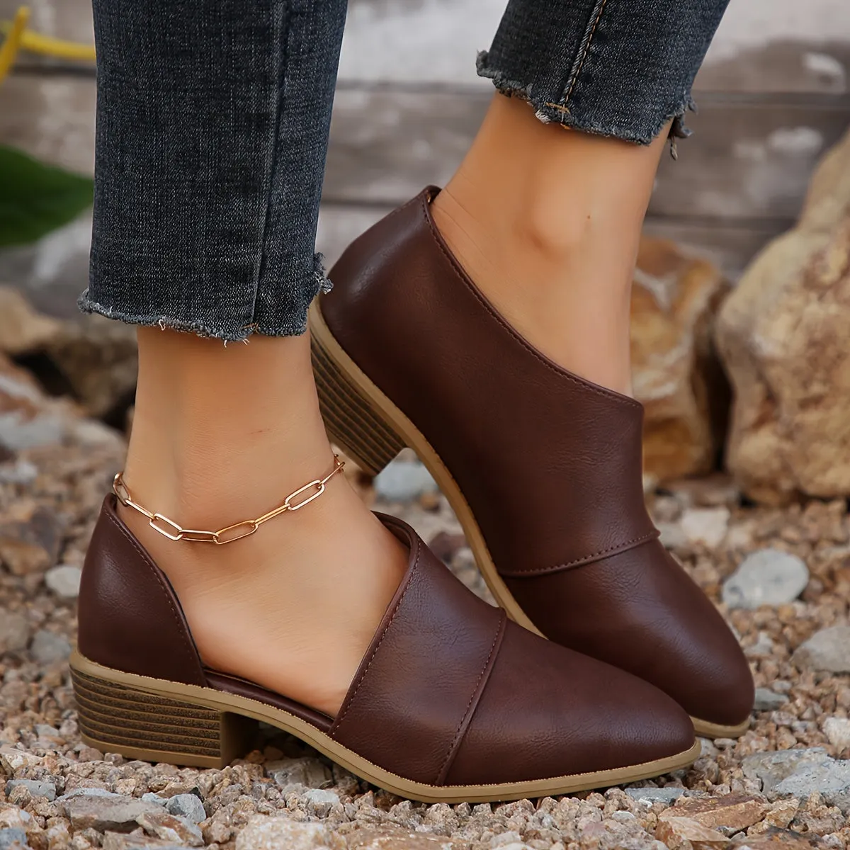 Women's Solid Color Chunky Heel Short Boots, Fashion Point Toe Dress Shoes, Comfortable Ankle Boots