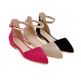 Women's Solid Color Suede Pointed Toe Metal Decor Ankle Strap Flat Sandals