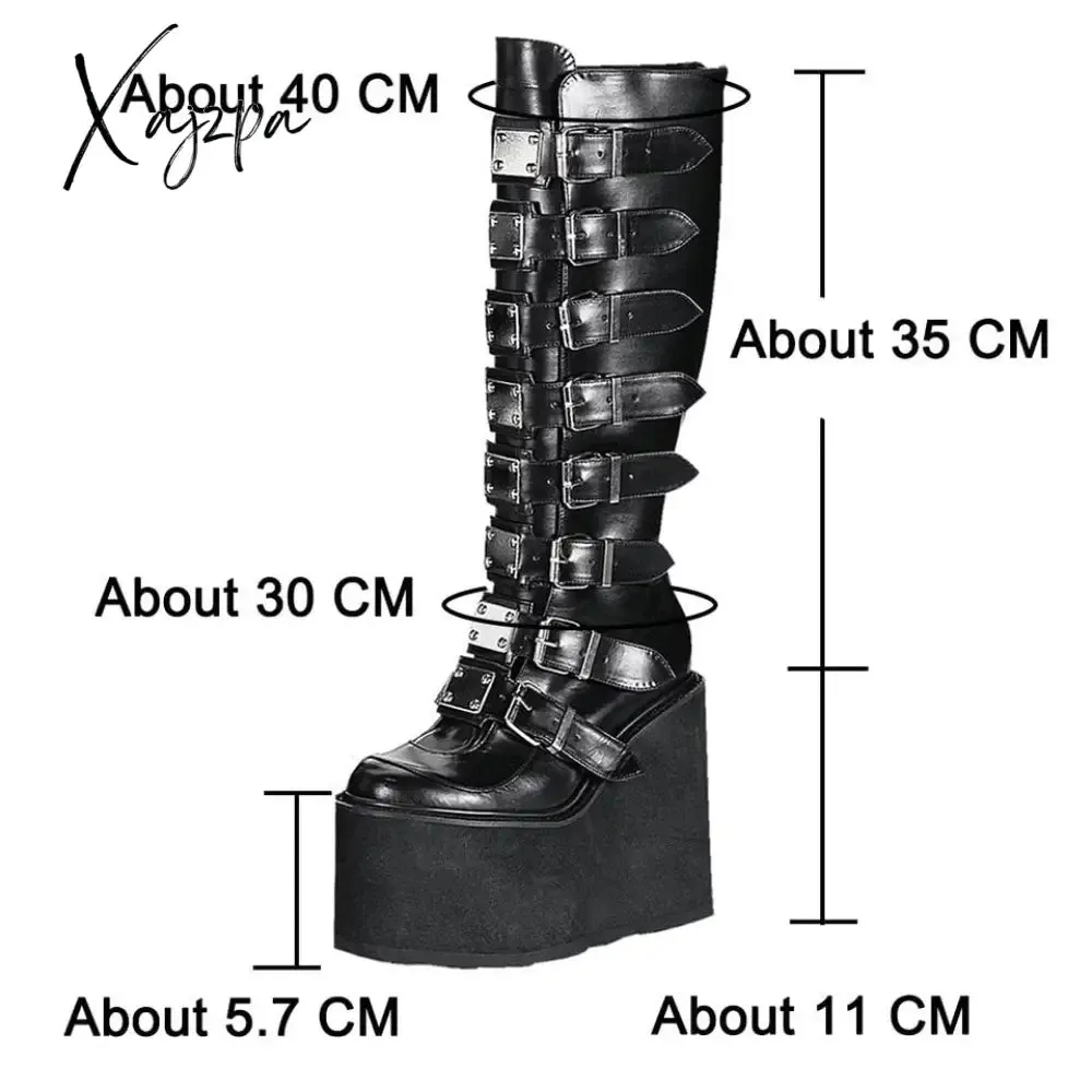 Xajzpa - New Female Fashion Metal Gothic Platform Boots Punk Cosplay Wedges High Heels Women Knee High Boots Stree Shoes Woman