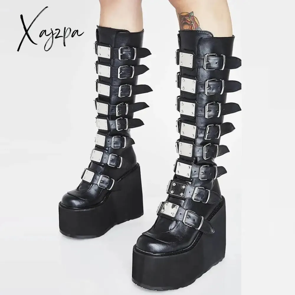 Xajzpa - New Female Fashion Metal Gothic Platform Boots Punk Cosplay Wedges High Heels Women Knee High Boots Stree Shoes Woman