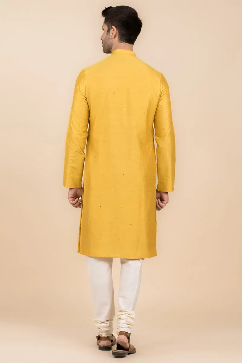 Yellow Ochre All Over Mirror Embroidered Kurta Set